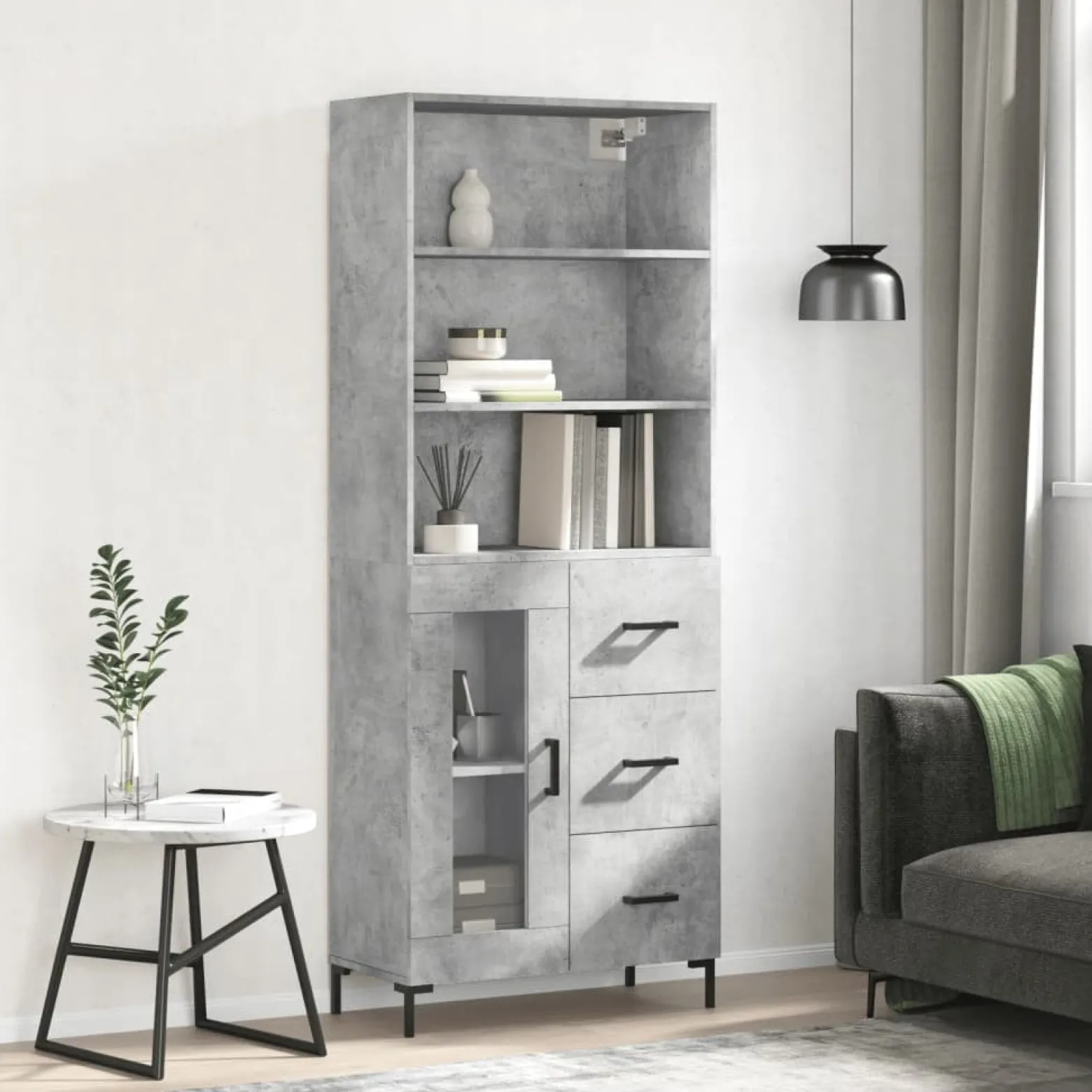 Szafka Regał Witrynka Szara Beton z Drzwiami Szklanymi 69.5x34x180 cm