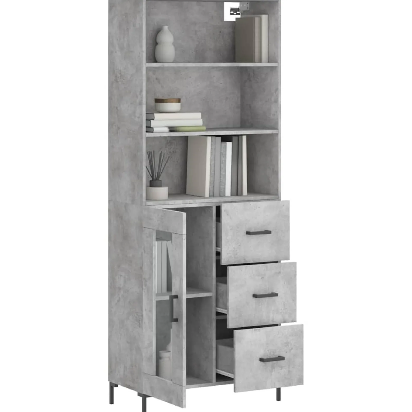 Szafka Regał Witrynka Szara Beton z Drzwiami Szklanymi 69.5x34x180 cm