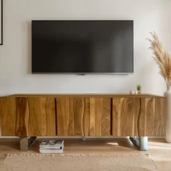 Szafka RTV Akacja Drewno Lite 160x56x46 cm z Trzema Drzwiami Nowoczesny