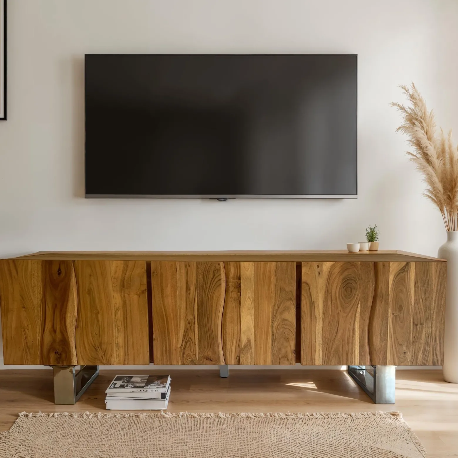 Szafka RTV Akacja Drewno Lite 160x56x46 cm z Trzema Drzwiami Nowoczesny
