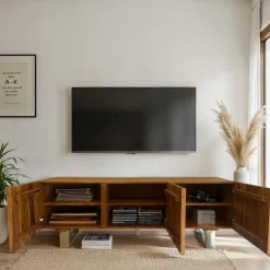 Szafka RTV Akacja Drewno Lite 160x56x46 cm z Trzema Drzwiami Nowoczesny