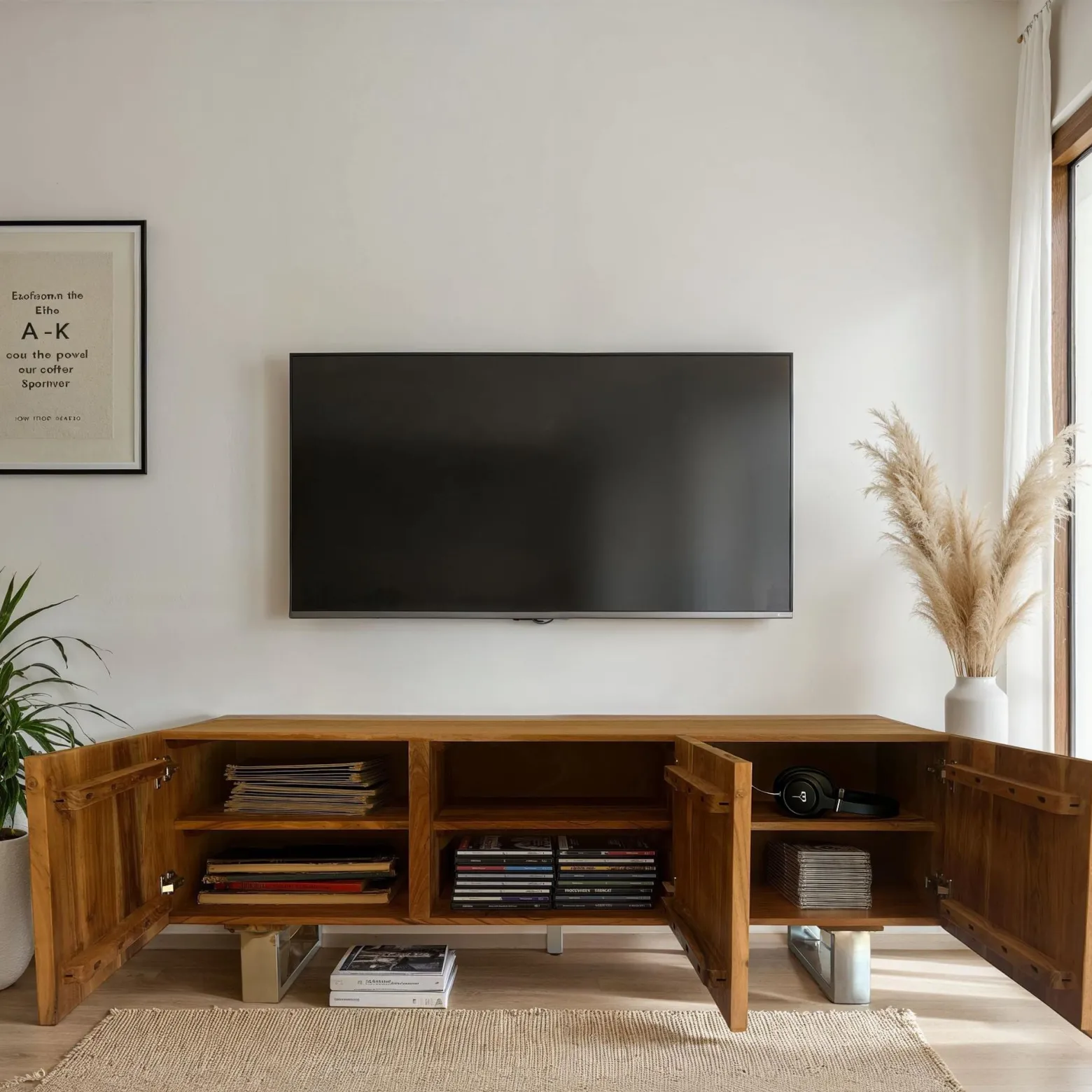 Szafka RTV Akacja Drewno Lite 160x56x46 cm z Trzema Drzwiami Nowoczesny