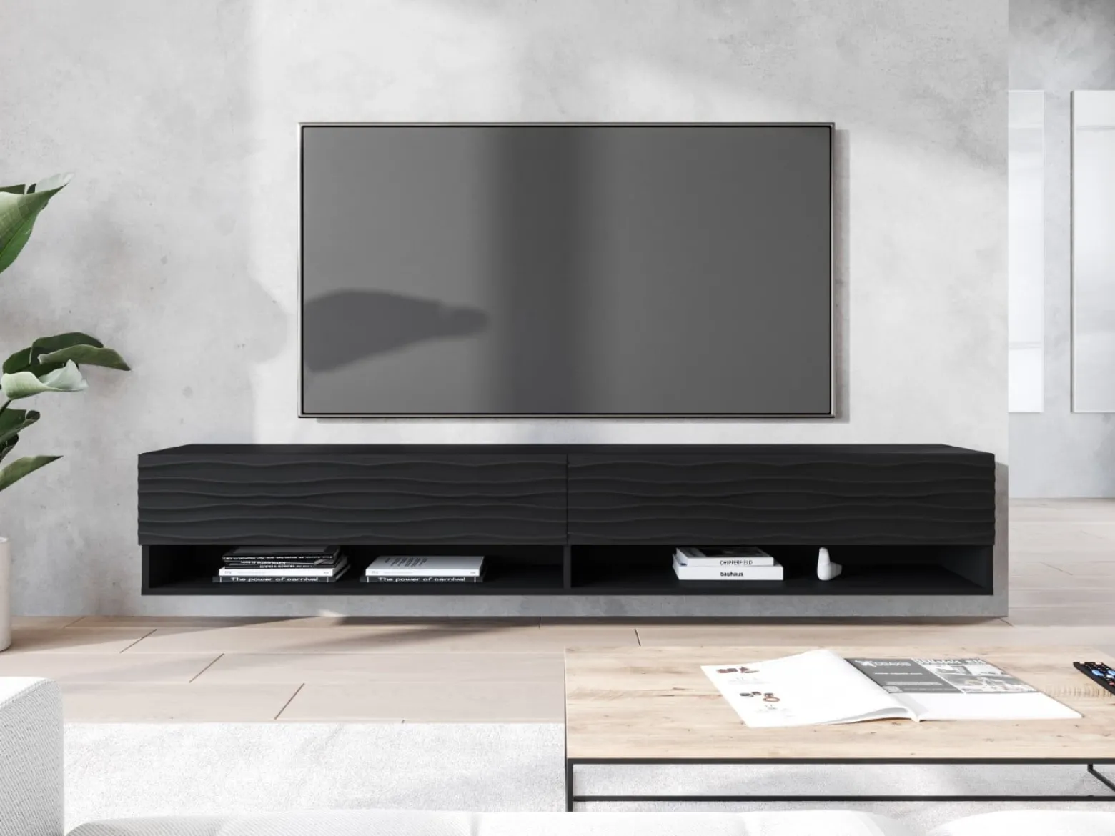 Szafka RTV ANNE 180 czarny grafit/czarny MDF wzór fala z LED
