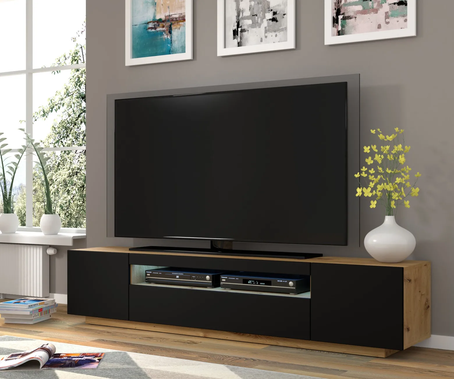 Szafka RTV AURA 200 cm dąb artisan / czarny mat