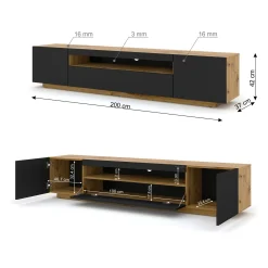 Szafka RTV AURA 200 cm dąb artisan / czarny mat