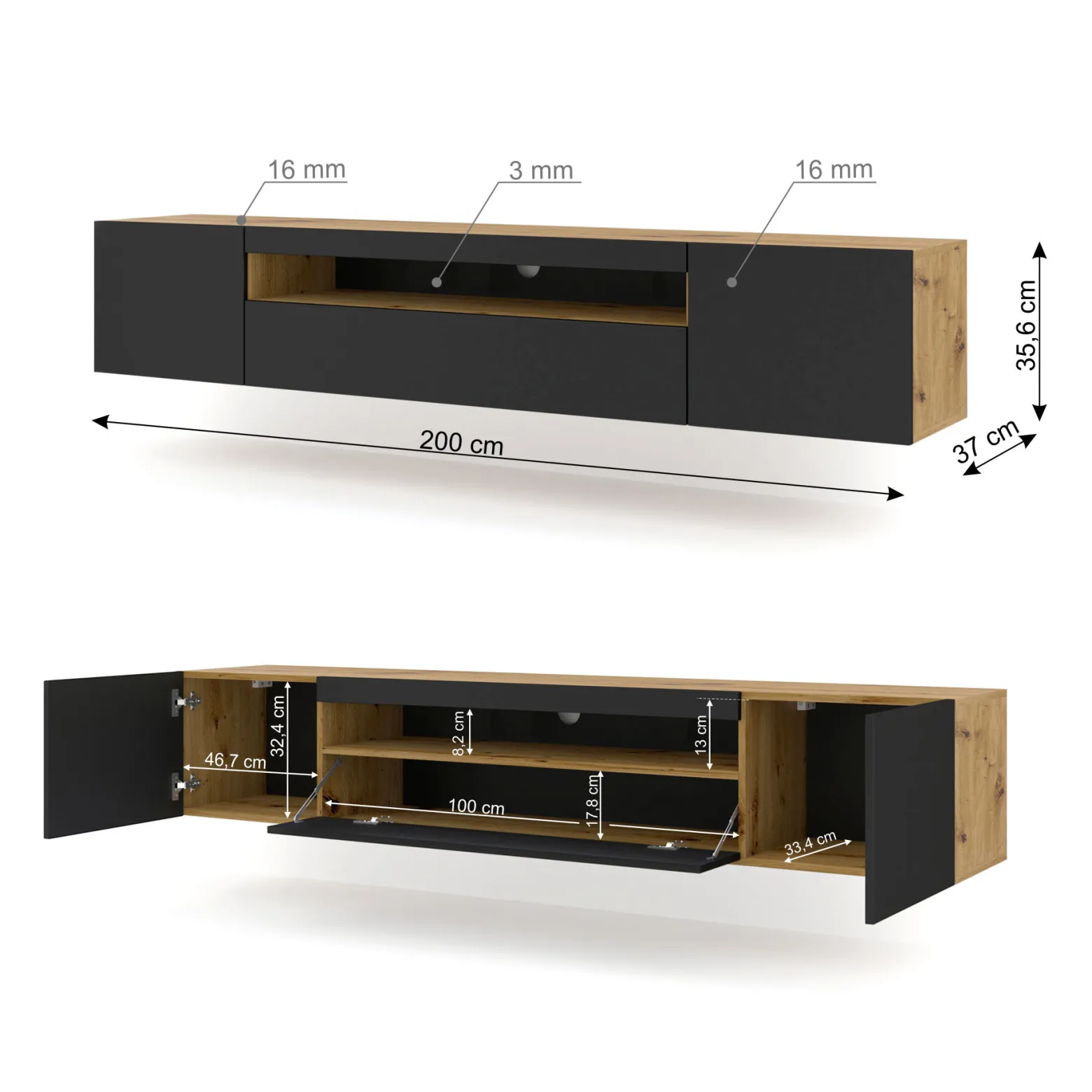 Szafka RTV AURA 200 cm dąb artisan / czarny mat