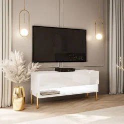 Szafka RTV CALANTE 90 cm biały połysk proste złote nogi