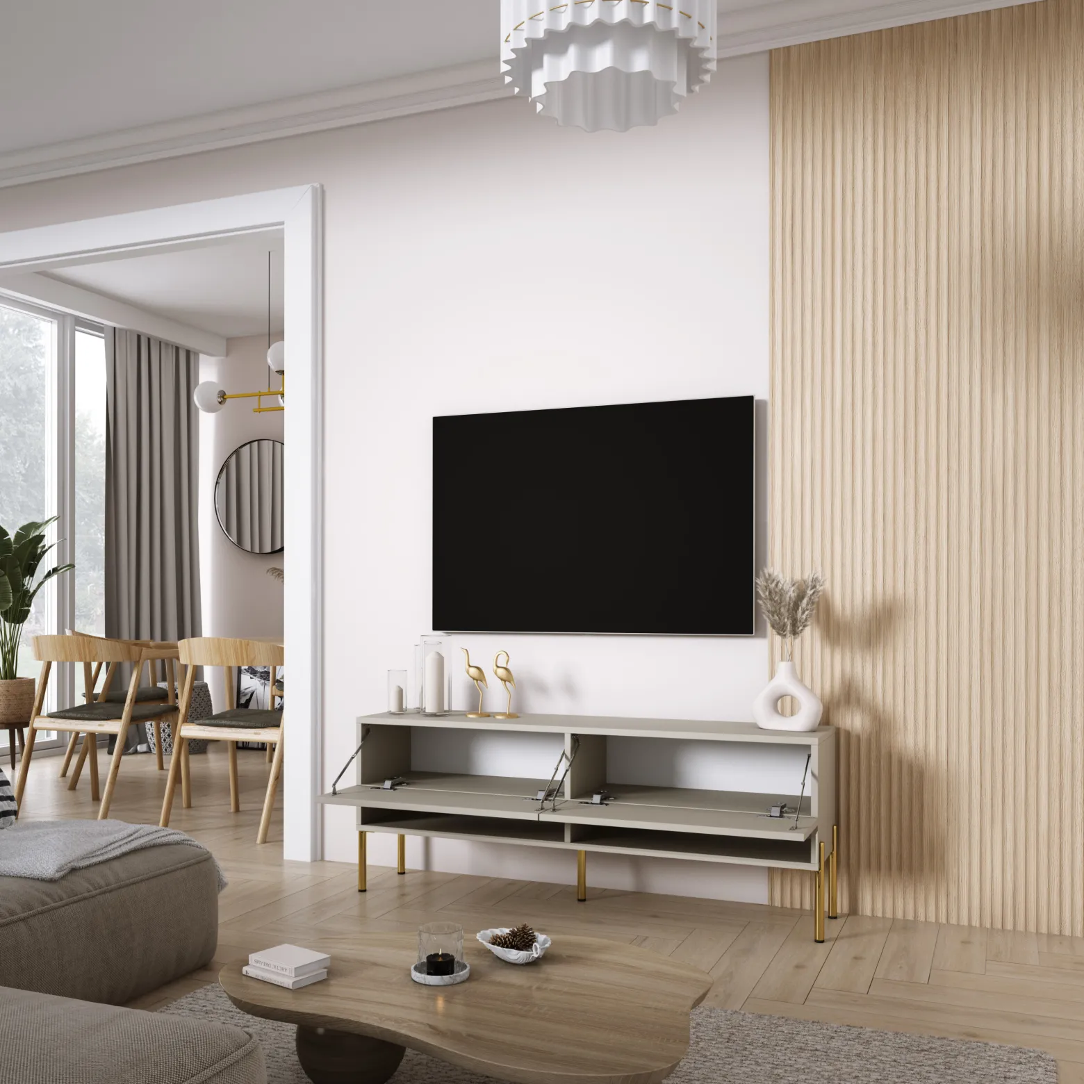 Szafka RTV Kaszmir, nogi proste czarne, LED biały, 140 × 32 × 52 cm