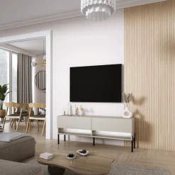 Szafka RTV Kaszmir, nogi proste czarne, LED biały, 140 × 32 × 52 cm