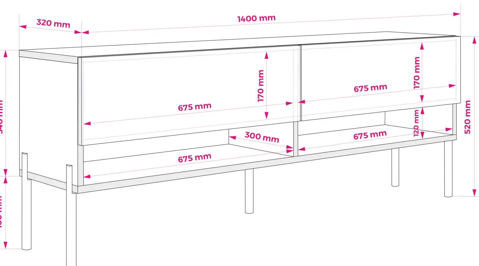 Szafka RTV Kaszmir, nogi proste czarne, LED biały, 140 × 32 × 52 cm