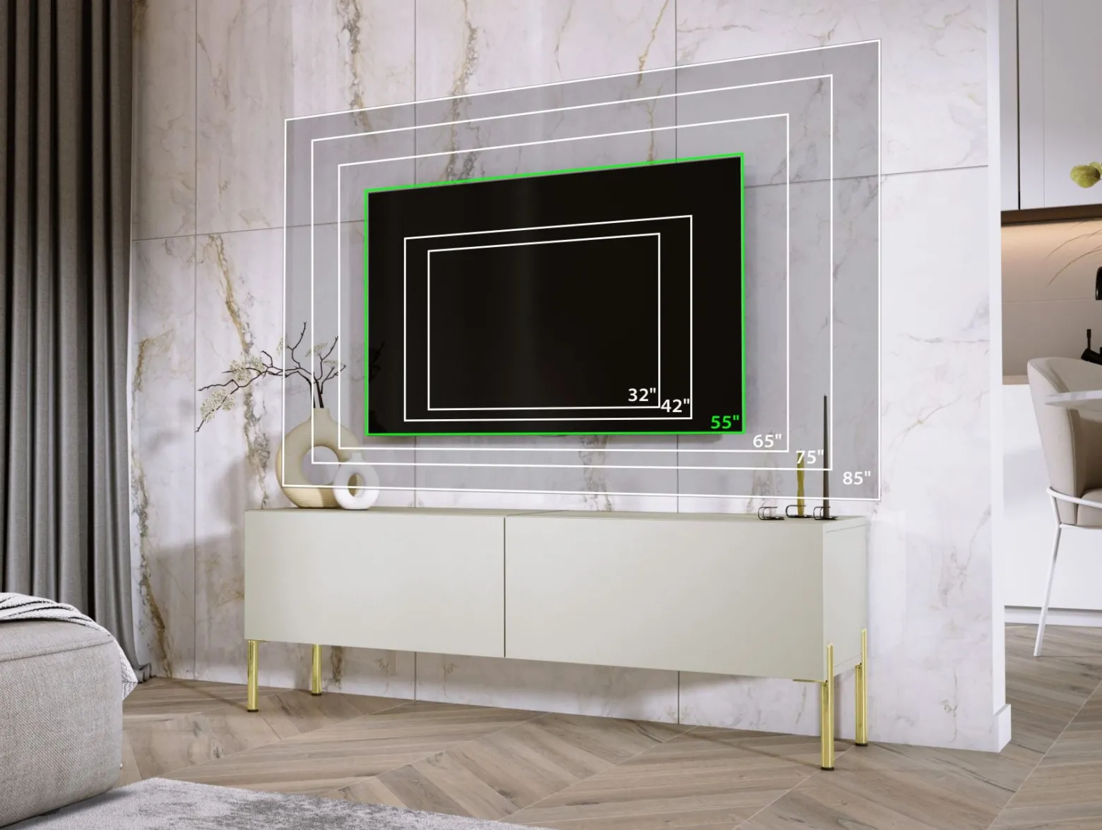 Szafka RTV : Kaszmir, złote nogi, 140 x 34 x 32 cm