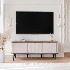 Szafka RTV NAVANI 130 cm z ryflowanym frontem kaszmir/orzech