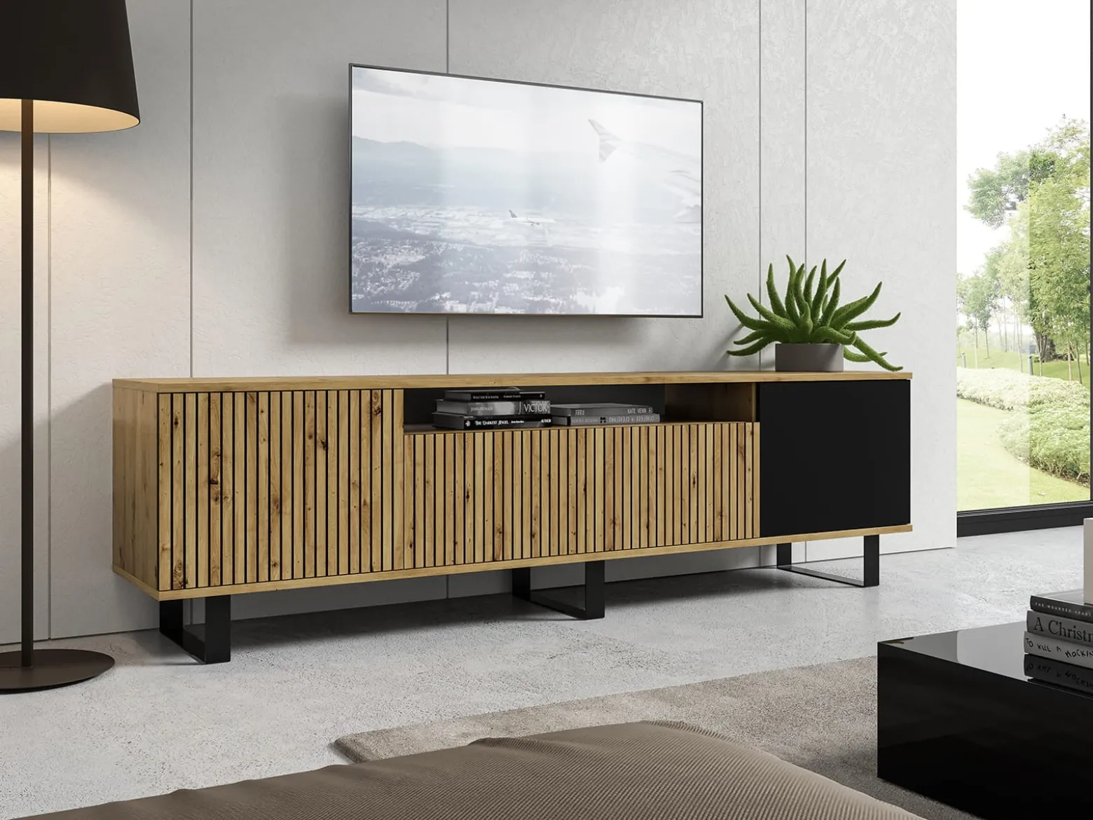 Szafka rtv Piko 200cm artisan czarny lamele metalowe nogi
