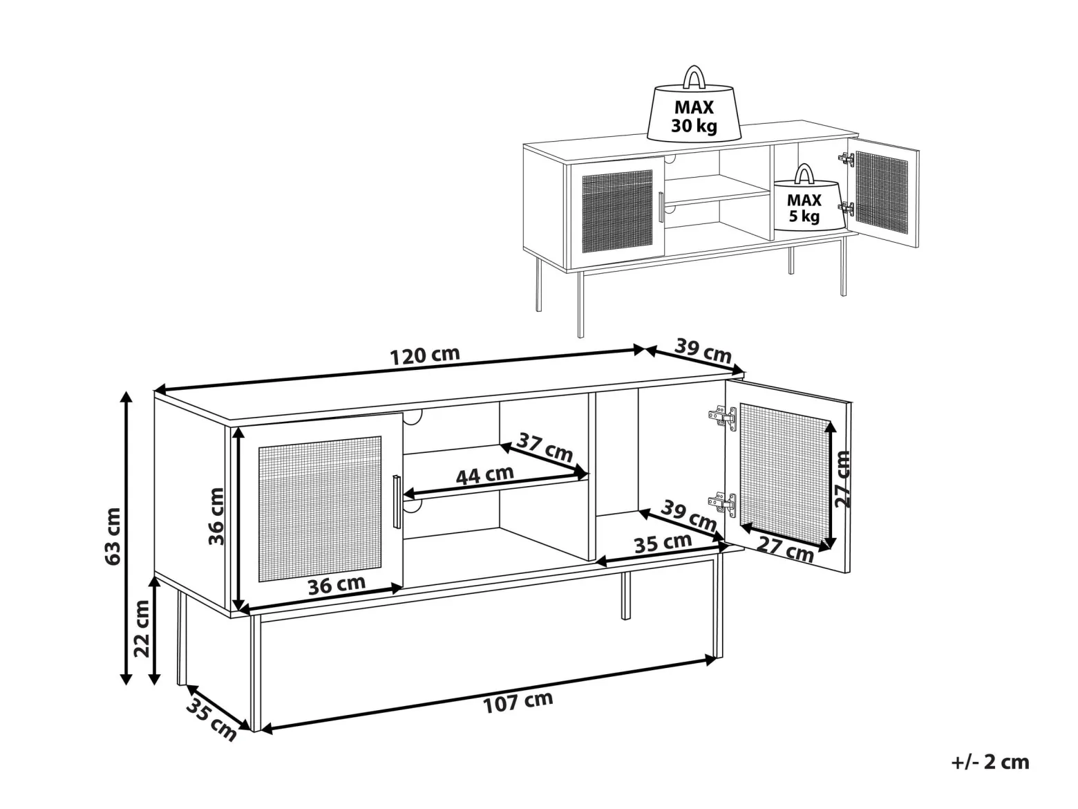 Szafka RTV półki rattan plecionka jasna