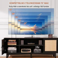 Szafka RTV rattanowa pod telewizor z gniazdkiem boho czarna nowoczesna