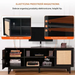 Szafka RTV rattanowa pod telewizor z gniazdkiem boho czarna nowoczesna