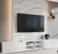 Szafka RTV RIO 300 cm otwarta z półkami do salonu, ryflowana- biała