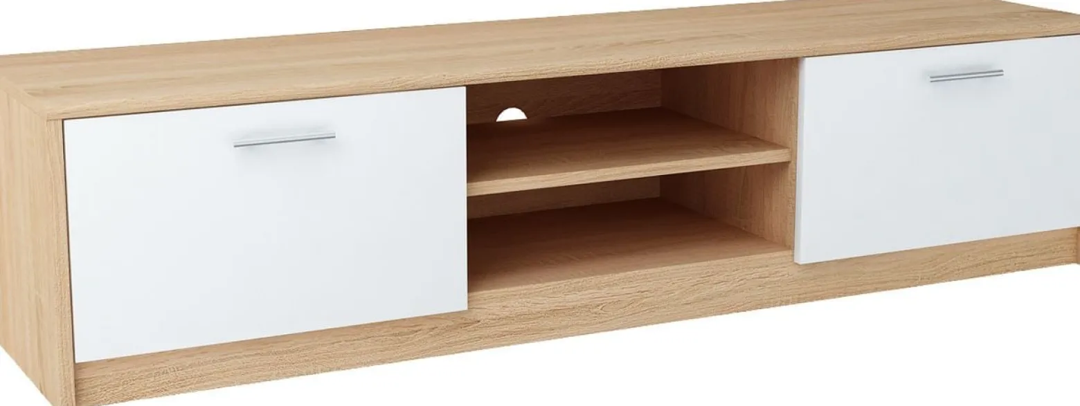 Szafka RTV, stolik, K028, 160x41x36 cm, dąb sonoma, biel, ma