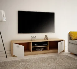 Szafka RTV, stolik, K028, 160x41x36 cm, dąb sonoma, biel, ma
