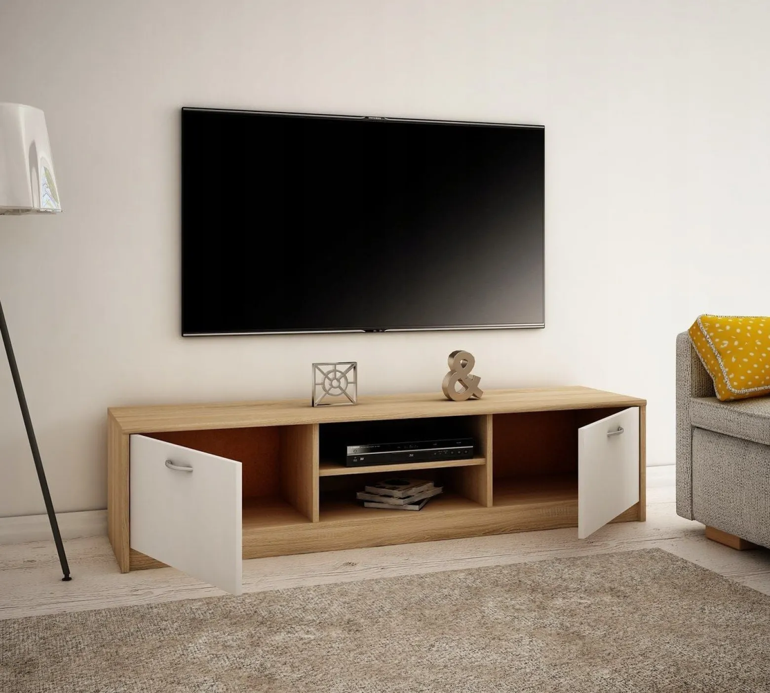 Szafka RTV, stolik, K028, 160x41x36 cm, dąb sonoma, biel, ma