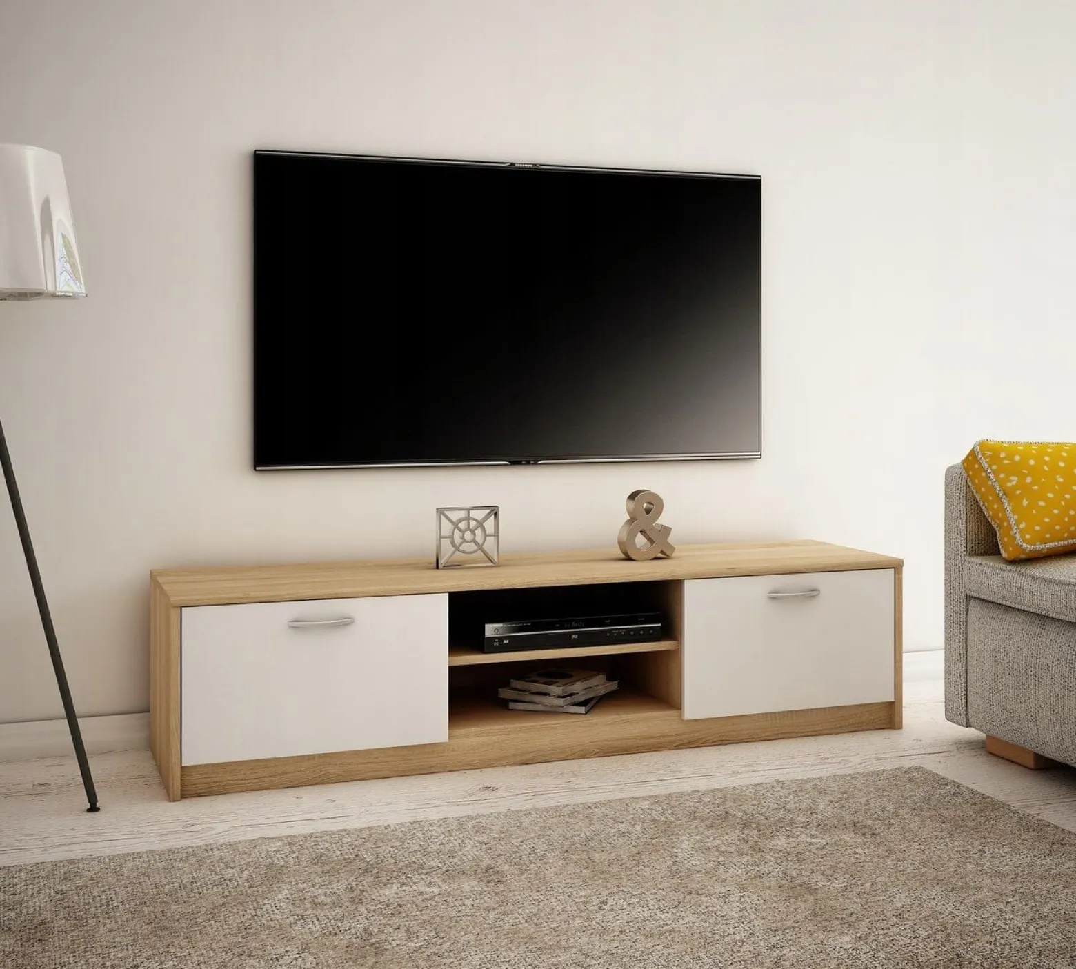 Szafka RTV, stolik, K028, 160x41x36 cm, dąb sonoma, biel, ma