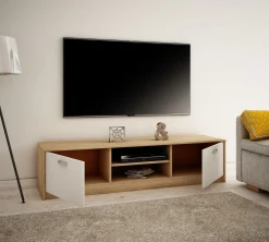 Szafka RTV, stolik, K028, 160x41x36 cm, dąb sonoma, biel, ma