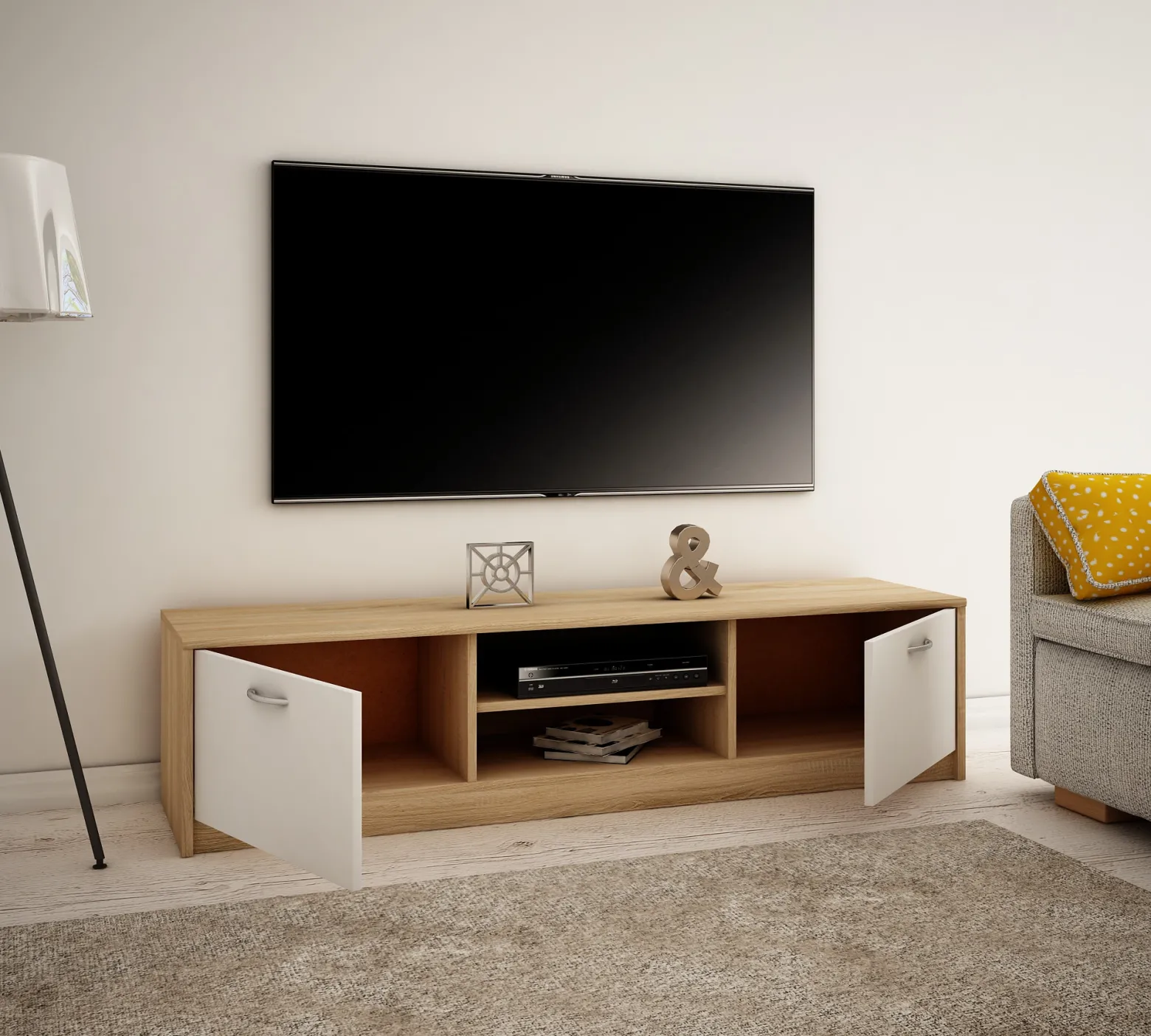 Szafka RTV, stolik, K028, 160x41x36 cm, dąb sonoma, biel, ma