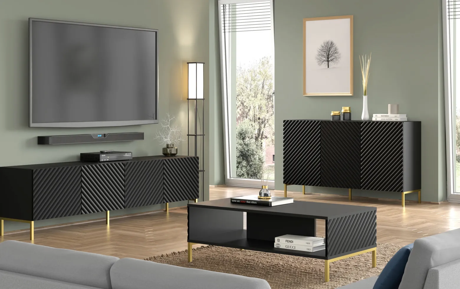 Szafka RTV SURF 200 cm 4D frez czarny mat