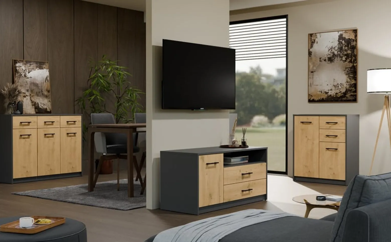 Szafka RTV Topeshop SIMPLO 1D2S Stolik TV antracyt dąb artisan