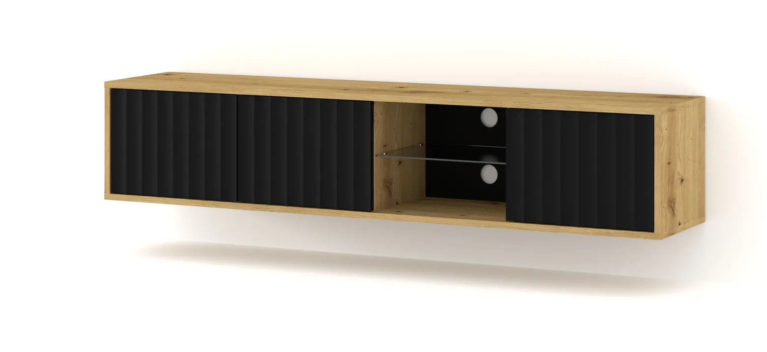 Szafka RTV VINA 156 cm wisząca frezowana dąb artisan/ czarny