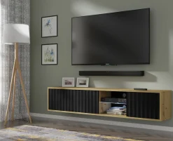 Szafka RTV VINA 156 cm wisząca frezowana dąb artisan/ czarny
