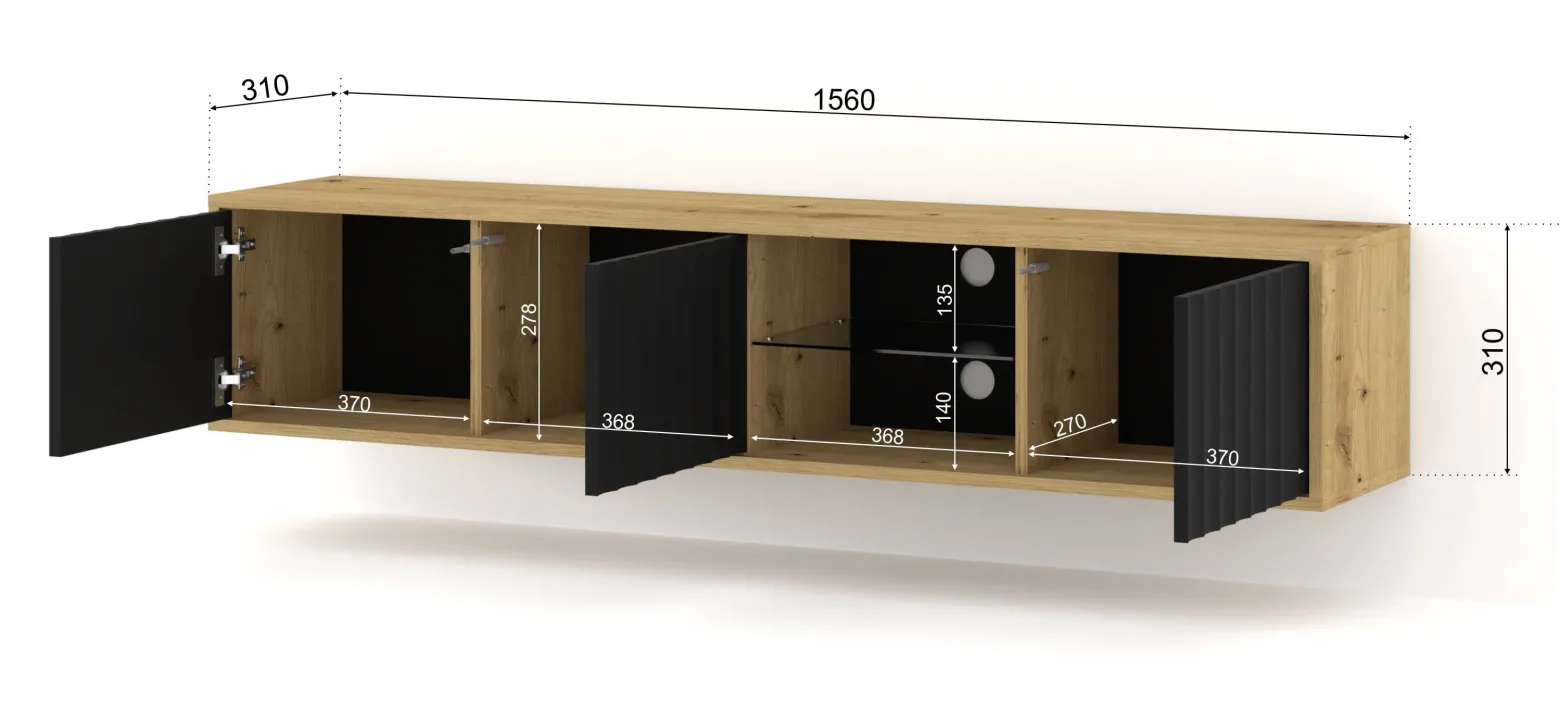 Szafka RTV VINA 156 cm wisząca frezowana dąb artisan/ czarny
