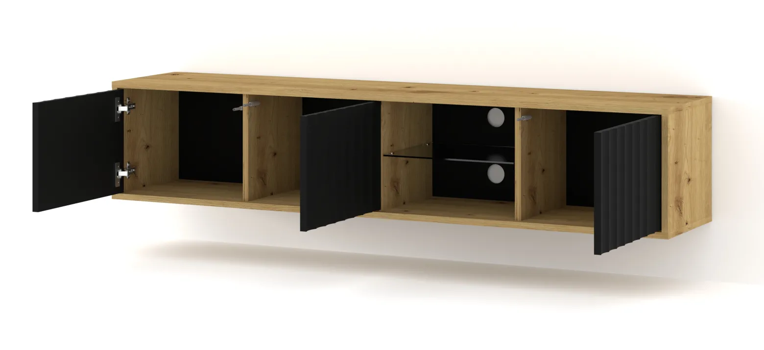 Szafka RTV VINA 156 cm wisząca frezowana dąb artisan/ czarny