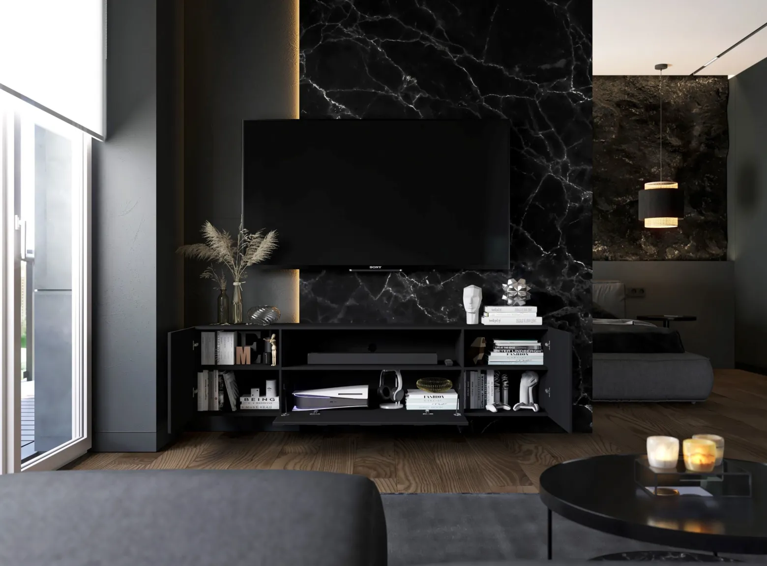 Szafka RTV wisząca Glamour Komoda RTV Czarny Mat 150 cm