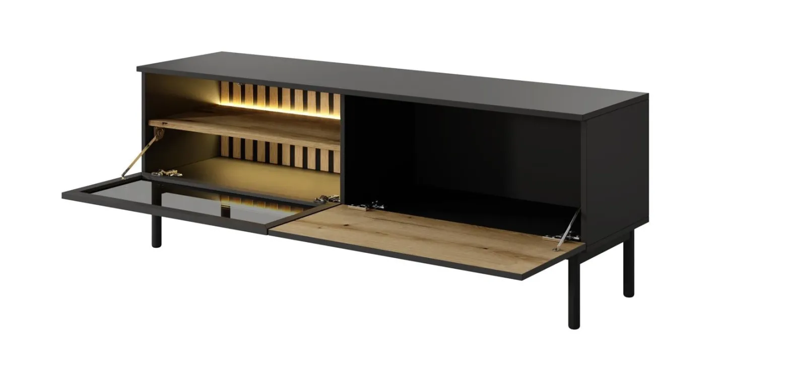 Szafka RTV z oświetleniem LED LANGO 150cm Czarny + Dąb Evoke