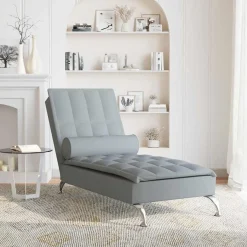 Szezlong z Masażem Fotel Sofa Masująca z Wałkiem Szary Obity Tkaniną