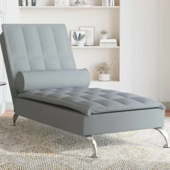Szezlong z Masażem Fotel Sofa Masująca z Wałkiem Szary Obity Tkaniną