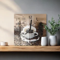 Szklany zegar 30x30 Filiżanka Kawy dekoracyjny do salonu