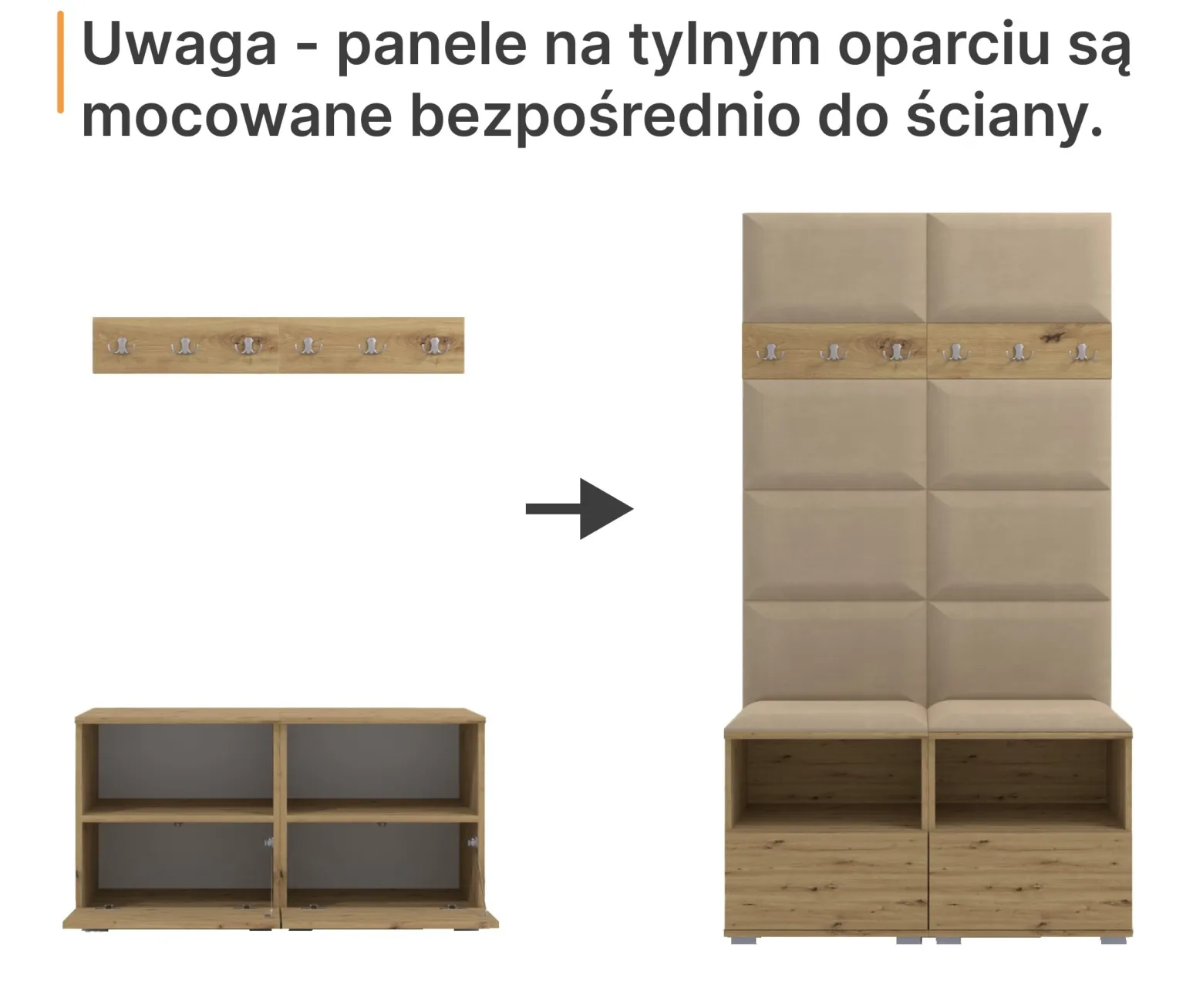 Tapicerowana garderoba Nela I z lustrem - kolor dąb artisan
