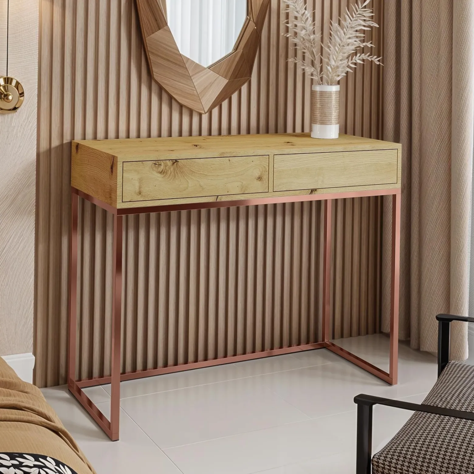 Toaletka CUBIC 100 z miedzianym stelażem i blatem dąb wotan - styl loft