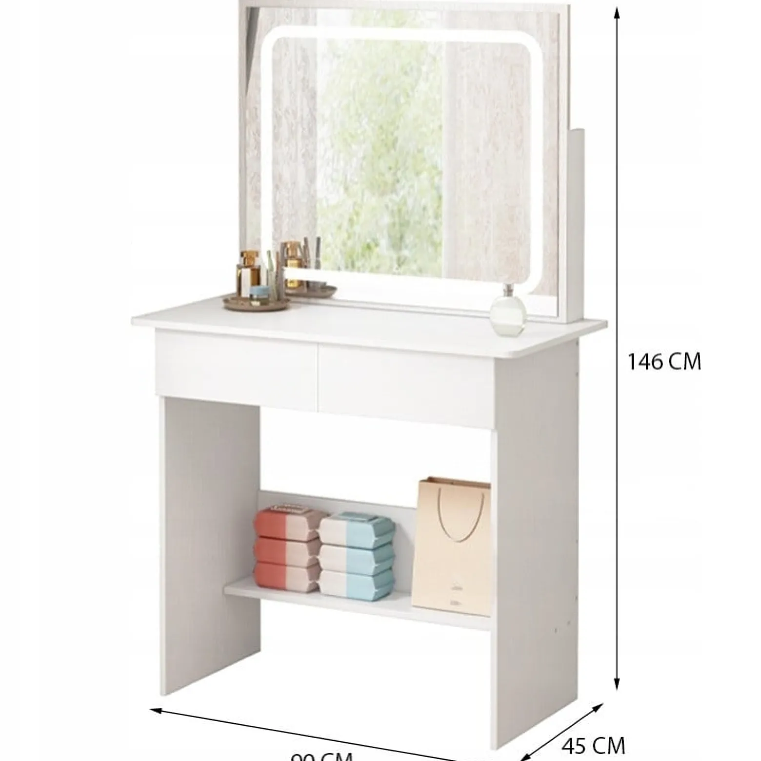 Toaletka kosmetyczna do makijażu z lustrem led nowoczesna 90 cm