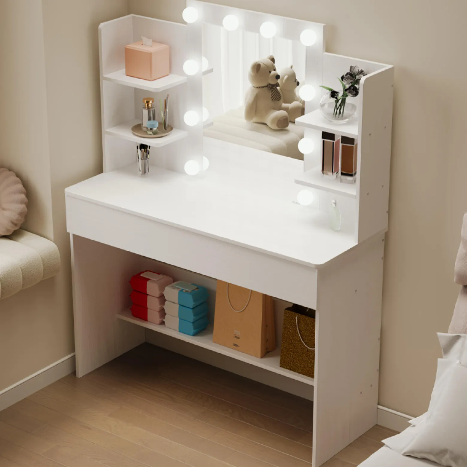 Toaletka kosmetyczna makijażu wizażu z lustrem led nowoczesna 110 cm