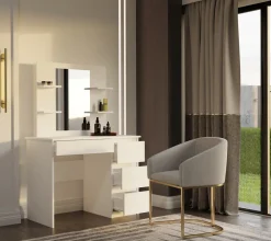 Toaletka Marina 4P Lustro Mijas Prawe 4 Szuflady 4 Półki Biała Do Sypialni