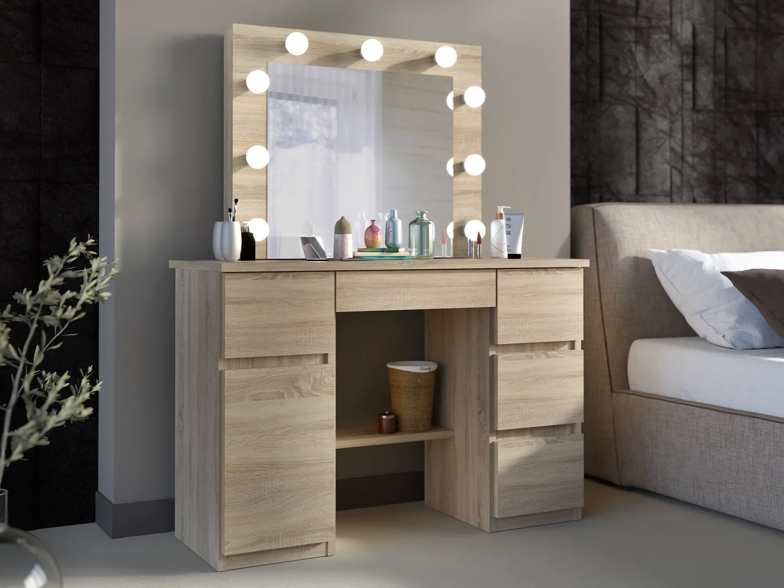 Toaletka z lustrem LED z szufladami Olivia 9 Led wiszące lustro dąb sonoma