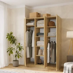 Trzydrzwiowa szafa uchylna z półkami i drążkami 150 cm ASAN dąb artisan