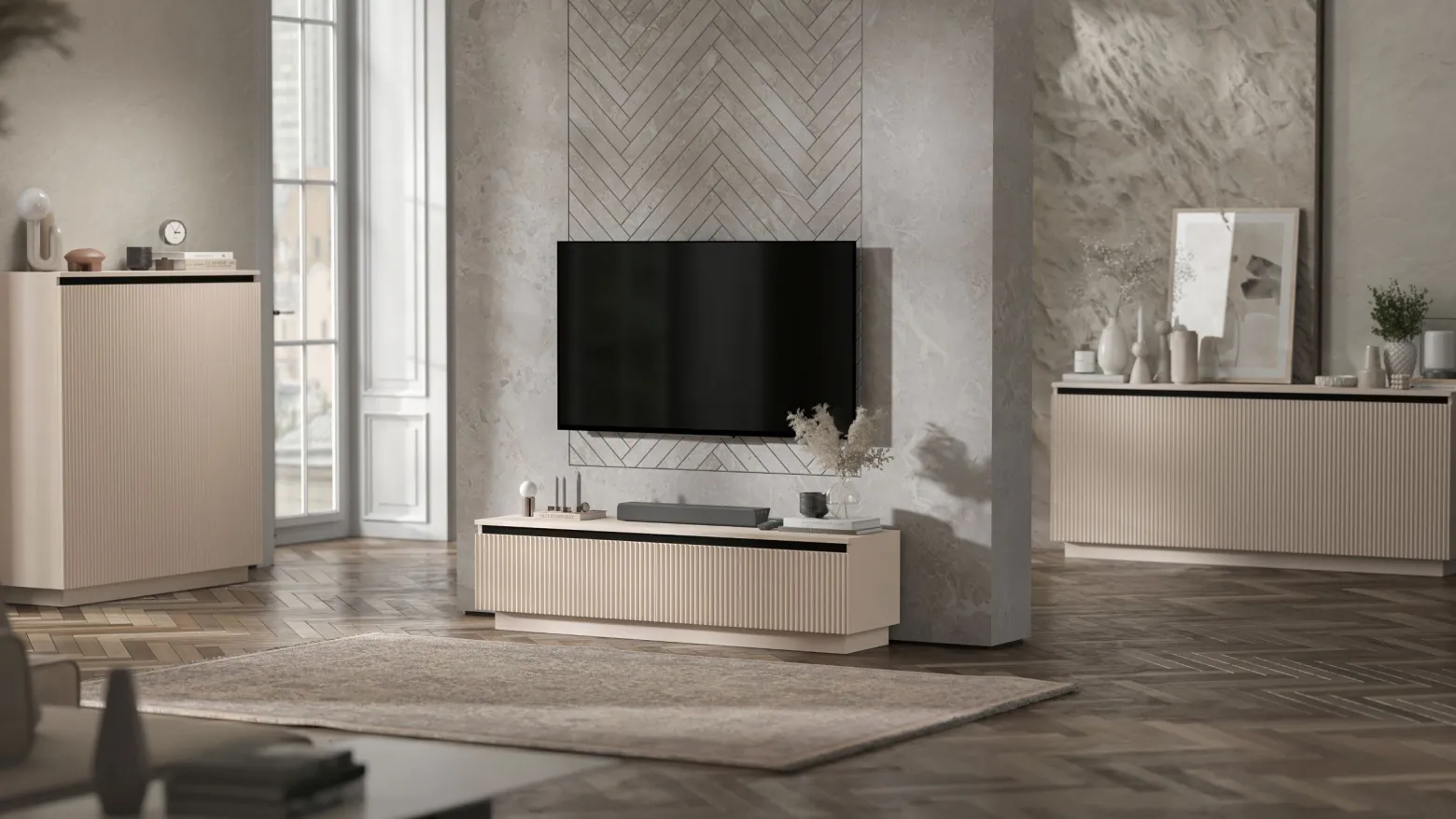Uniwersalna Szafka RTV Glamour Komoda Kaszmir MAT ryflowane fronty 280 cm