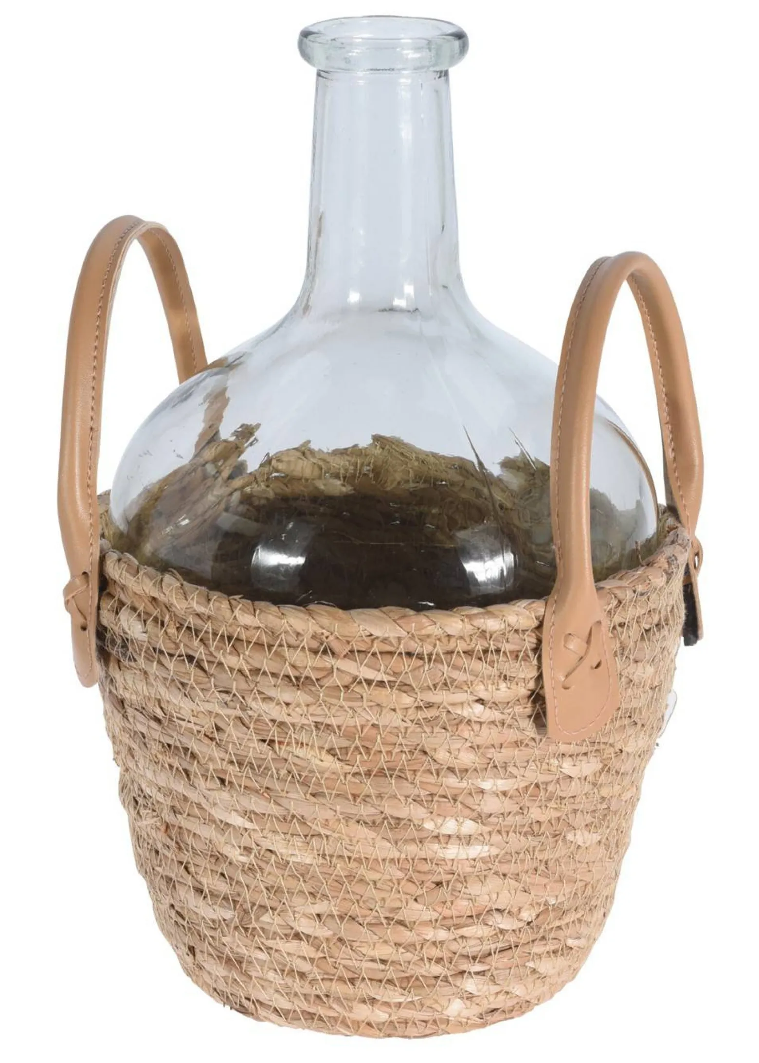 Wazon szklany boho butelka w plecionej osłonie z trawy morskiej 31 cm