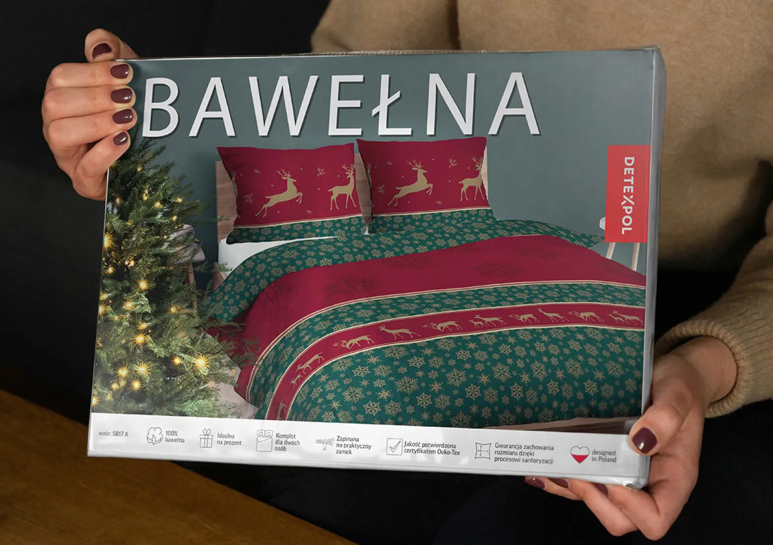 Świąteczny komplet pościeli bawełnianej 160x200 czerwona renifery jelonki