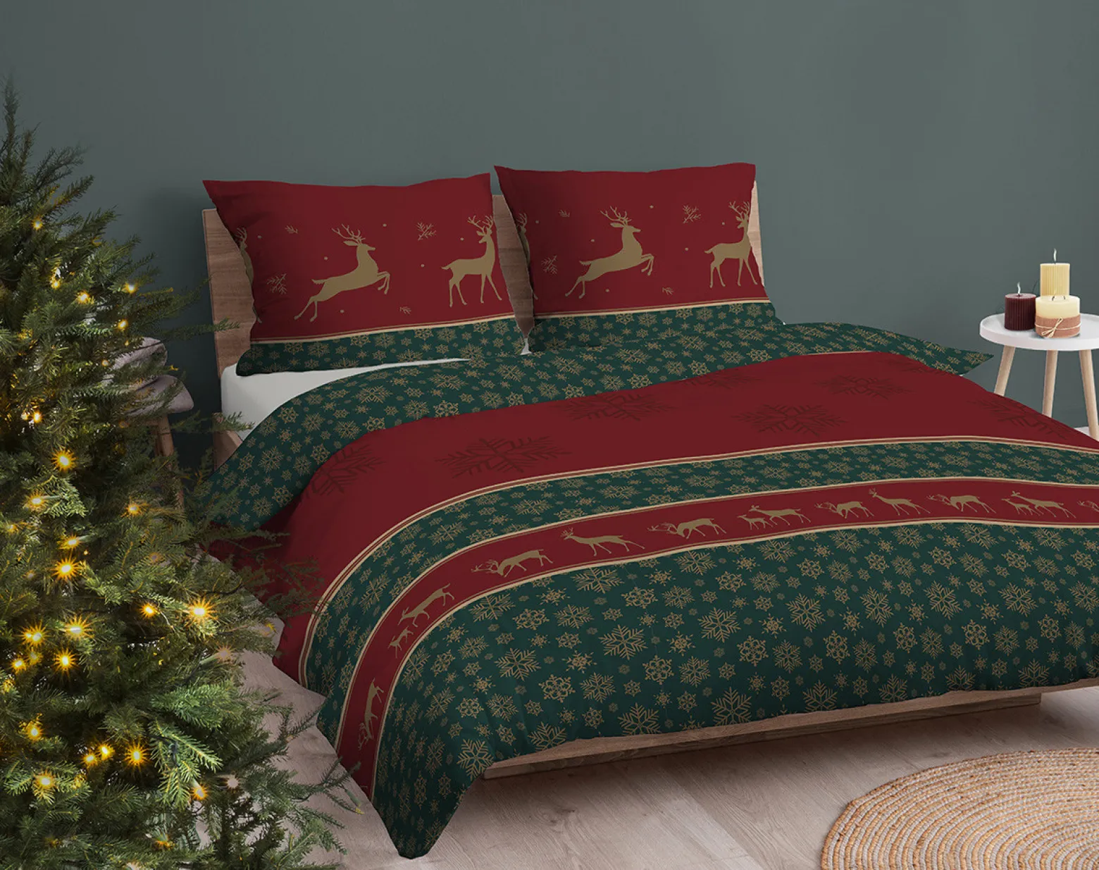Świąteczny komplet pościeli bawełnianej 160x200 czerwona renifery jelonki