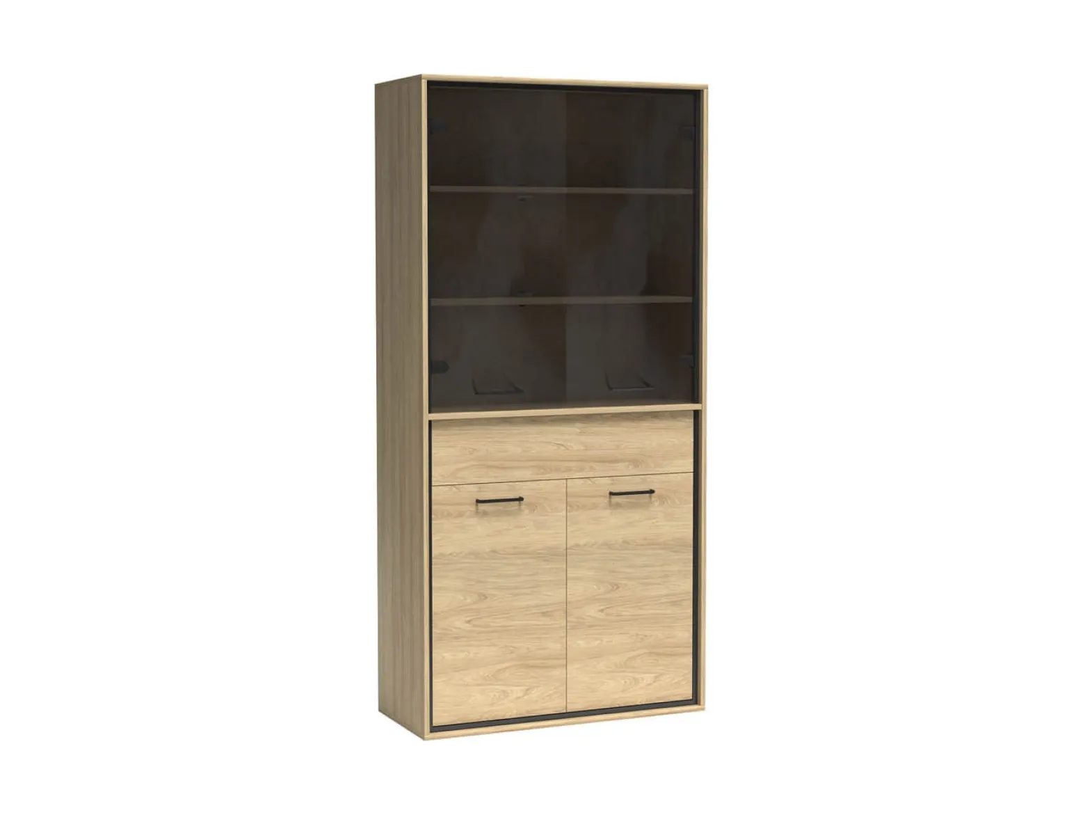 Witryna MILAN 92 cm Natural Hikora / Czarny Szuflady Drzwi Industrialna